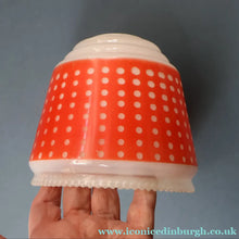 Load image into Gallery viewer, Vintage 1960s Glass Lamp Shade. White Glass with Printed Red Polka Dot Pattern

