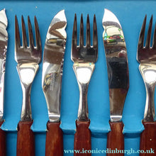 Load image into Gallery viewer, Vintage 1960s GLOSSWOOD Cutlery. Stainless Steel Fish Knives and Forks with Teak Effect Handles. Original Retail Box
