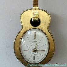 Load image into Gallery viewer, Vintage 1960s Gold Tone NOVELTY GUITAR Desk Clock with Alarm. SWISS MADE by Swiza. BOXED
