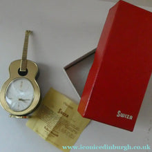 Load image into Gallery viewer, Vintage 1960s Gold Tone NOVELTY GUITAR Desk Clock with Alarm. SWISS MADE by Swiza. BOXED
