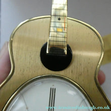 Load image into Gallery viewer, Vintage 1960s Gold Tone NOVELTY GUITAR Desk Clock with Alarm. SWISS MADE by Swiza. BOXED

