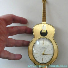 Load image into Gallery viewer, Vintage 1960s Gold Tone NOVELTY GUITAR Desk Clock with Alarm. SWISS MADE by Swiza. BOXED
