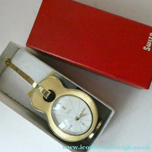 Load image into Gallery viewer, Vintage 1960s Gold Tone NOVELTY GUITAR Desk Clock with Alarm. SWISS MADE by Swiza. BOXED
