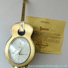 Load image into Gallery viewer, Vintage 1960s Gold Tone NOVELTY GUITAR Desk Clock with Alarm. SWISS MADE by Swiza. BOXED
