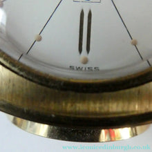 Load image into Gallery viewer, Vintage 1960s Gold Tone NOVELTY GUITAR Desk Clock with Alarm. SWISS MADE by Swiza. BOXED
