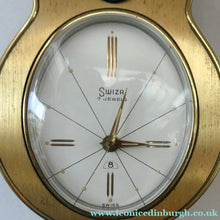 Load image into Gallery viewer, Vintage 1960s Gold Tone NOVELTY GUITAR Desk Clock with Alarm. SWISS MADE by Swiza. BOXED
