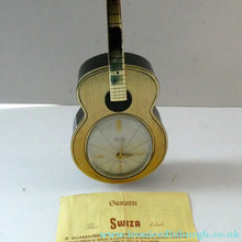 Load image into Gallery viewer, Vintage 1960s Gold Tone NOVELTY GUITAR Desk Clock with Alarm. SWISS MADE by Swiza. BOXED
