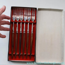 Load image into Gallery viewer, Vintage 1960s Hankyu JAPANESE Cutlery. Stainless Steel Very Long Forks with Teak Handles. Original Retail Box
