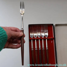 Load image into Gallery viewer, Vintage 1960s Hankyu JAPANESE Cutlery. Stainless Steel Very Long Forks with Teak Handles. Original Retail Box
