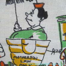 Load image into Gallery viewer, 1960s Irish Linen Tea Towel or Bar Cloth Vintage Train Travel Cartoons
