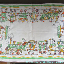 Load image into Gallery viewer, 1960s Irish Linen Tea Towel or Bar Cloth Vintage Train Travel Cartoons
