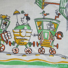 Load image into Gallery viewer, 1960s Irish Linen Tea Towel or Bar Cloth Vintage Train Travel Cartoons
