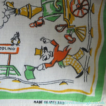 Load image into Gallery viewer, 1960s Irish Linen Tea Towel or Bar Cloth Vintage Train Travel Cartoons
