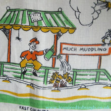 Load image into Gallery viewer, 1960s Irish Linen Tea Towel or Bar Cloth Vintage Train Travel Cartoons
