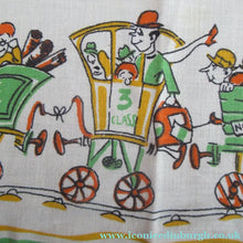 Load image into Gallery viewer, 1960s Irish Linen Tea Towel or Bar Cloth Vintage Train Travel Cartoons
