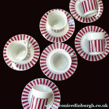 Load image into Gallery viewer, Vintage 1960s POLISH Wloclawek Porcelain Red and White Striped Coffee Set. Coffee Pot Milk and Sugar Bowl Six Cups and
