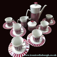 Load image into Gallery viewer, 1960s POLISH Wloclawek Porcelain Red and White Striped Coffee Set. Coffee Pot, Milk and Sugar Bowl, Six Cups and Saucers
