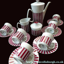 Load image into Gallery viewer, 1960s POLISH Wloclawek Porcelain Red and White Striped Coffee Set. Coffee Pot, Milk and Sugar Bowl, Six Cups and Saucers
