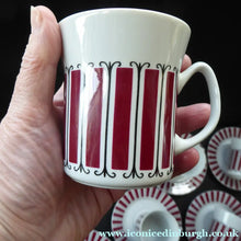 Load image into Gallery viewer, 1960s POLISH Wloclawek Porcelain Red and White Striped Coffee Set. Coffee Pot, Milk and Sugar Bowl, Six Cups and Saucers
