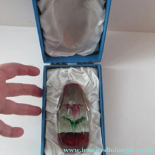 Load image into Gallery viewer, 1960s Strathearn Paperweight Lampwork Pink Flower and Faceted Panels Original Box Scottish Glass
