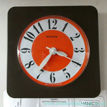 Load image into Gallery viewer, Made in Ireland Wall Clock Hanson or Hansco. Vintage Orange and Brown Plastic
