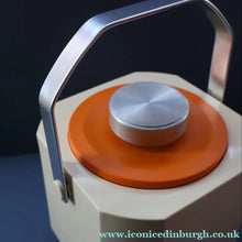 Load image into Gallery viewer, Vintage 1970s SPACE AGE Orange and White Sparklets Ice Bucket. Complete with Tongs in the Lid
