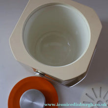 Load image into Gallery viewer, Vintage 1970s SPACE AGE Orange and White Sparklets Ice Bucket. Complete with Tongs in the Lid
