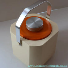 Load image into Gallery viewer, Vintage 1970s SPACE AGE Orange and White Sparklets Ice Bucket. Complete with Tongs in the Lid
