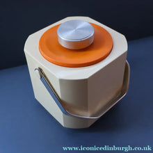 Load image into Gallery viewer, Vintage 1970s SPACE AGE Orange and White Sparklets Ice Bucket. Complete with Tongs in the Lid
