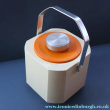 Load image into Gallery viewer, Vintage 1970s SPACE AGE Orange and White Sparklets Ice Bucket. Complete with Tongs in the Lid
