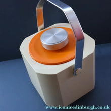 Load image into Gallery viewer, Vintage 1970s SPACE AGE Orange and White Sparklets Ice Bucket. Complete with Tongs in the Lid

