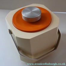 Load image into Gallery viewer, Vintage 1970s SPACE AGE Orange and White Sparklets Ice Bucket. Complete with Tongs in the Lid
