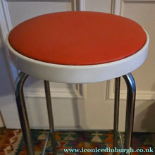 Load image into Gallery viewer, Genuine Vintage 1972 Chair Centre barstools. White Plastic, Tangerine Vinyl and Chrome Legs. THREE AVAILABLE
