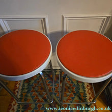 Load image into Gallery viewer, Genuine Vintage 1972 Chair Centre barstools. White Plastic, Tangerine Vinyl and Chrome Legs. THREE AVAILABLE
