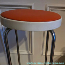 Load image into Gallery viewer, Genuine Vintage 1972 Chair Centre barstools. White Plastic, Tangerine Vinyl and Chrome Legs. THREE AVAILABLE
