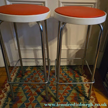 Load image into Gallery viewer, Genuine Vintage 1972 Chair Centre barstools. White Plastic, Tangerine Vinyl and Chrome Legs. THREE AVAILABLE
