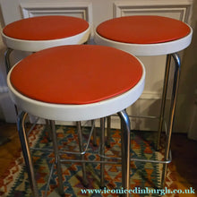 Load image into Gallery viewer, Genuine Vintage 1972 Chair Centre barstools. White Plastic, Tangerine Vinyl and Chrome Legs. THREE AVAILABLE

