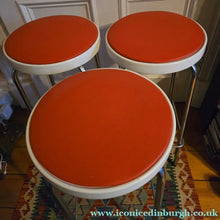 Load image into Gallery viewer, Genuine Vintage 1972 Chair Centre barstools. White Plastic, Tangerine Vinyl and Chrome Legs. THREE AVAILABLE
