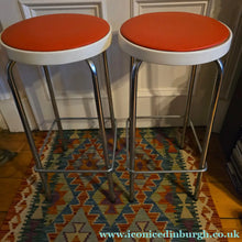 Load image into Gallery viewer, Genuine Vintage 1972 Chair Centre barstools. White Plastic, Tangerine Vinyl and Chrome Legs. THREE AVAILABLE
