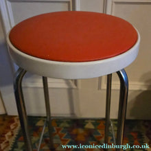 Load image into Gallery viewer, Genuine Vintage 1972 Chair Centre barstools. White Plastic, Tangerine Vinyl and Chrome Legs. THREE AVAILABLE
