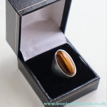 Load image into Gallery viewer, Vintage 1977 Hallmarked Space Age Silver Rings with Oval Tiger's Eye Inclusion. Size O
