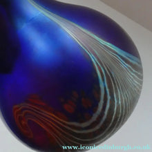 Load image into Gallery viewer, Vintage 1980s OKRA Style Cobalt Blue Glass Vase with Metallic and Red Lustre Swirls
