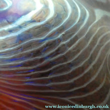 Load image into Gallery viewer, Vintage 1980s OKRA Style Cobalt Blue Glass Vase with Metallic and Red Lustre Swirls
