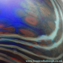 Load image into Gallery viewer, Vintage 1980s OKRA Style Cobalt Blue Glass Vase with Metallic and Red Lustre Swirls
