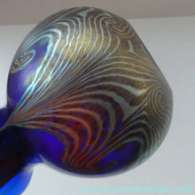 Load image into Gallery viewer, Vintage 1980s OKRA Style Cobalt Blue Glass Vase with Metallic and Red Lustre Swirls
