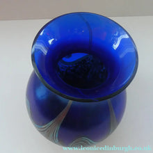 Load image into Gallery viewer, Vintage 1980s OKRA Style Cobalt Blue Glass Vase with Metallic and Red Lustre Swirls
