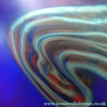Load image into Gallery viewer, Vintage 1980s OKRA Style Cobalt Blue Glass Vase with Metallic and Red Lustre Swirls
