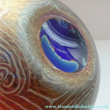 Load image into Gallery viewer, Vintage 1980s OKRA Style Cobalt Blue Glass Vase with Metallic and Red Lustre Swirls
