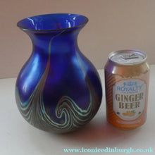 Load image into Gallery viewer, Vintage 1980s OKRA Style Cobalt Blue Glass Vase with Metallic and Red Lustre Swirls
