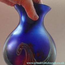 Load image into Gallery viewer, Vintage 1980s OKRA Style Cobalt Blue Glass Vase with Metallic and Red Lustre Swirls
